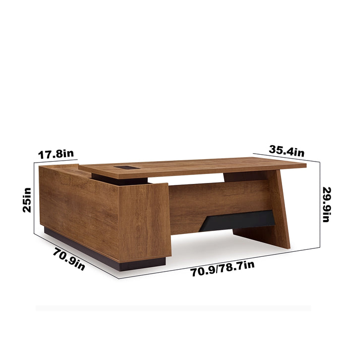 Arcadia Mid-sized Upscale Natural Dark Brown Oak Professional and Home L-shaped Executive Office Desk with Cabinets and Drawers, Cable Management, and Return Desk