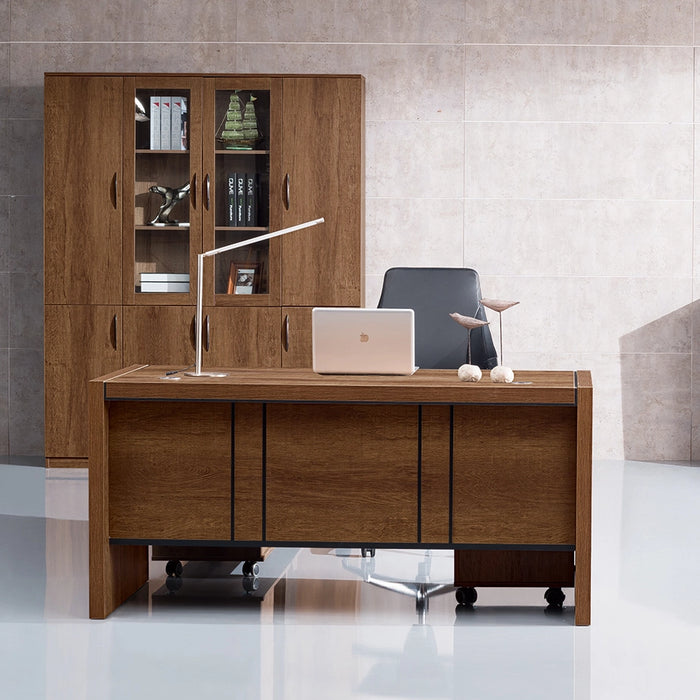 Arcadia 中型高档天然深棕色橡木专业和家庭行政办公桌套装，配有移动文件柜、抽屉和电缆管理