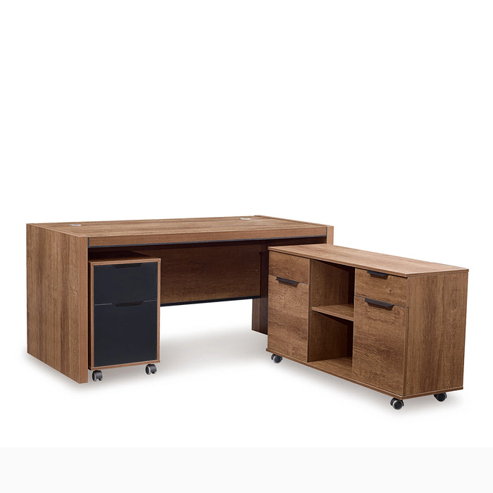 Arcadia Mid-sized Upscale Natural Dark Brown Oak Professional and Home Executive Office Desk Set with Mobile File Cabinets, Drawers, and Cable Management
