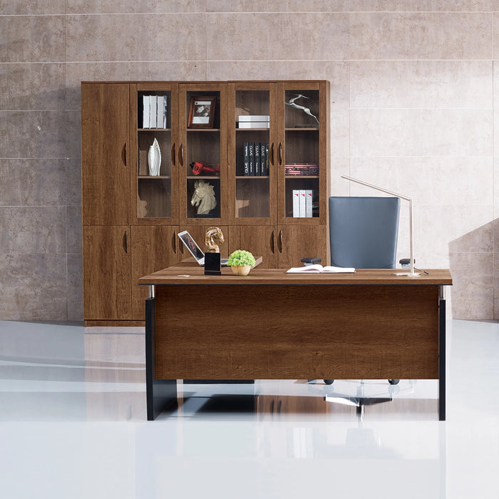 Arcadia Modern Upscale Natural Dark Brown Oak Professional and Home L-shaped Executive Office Desk with Cabinets, Drawers, Cable Management, and Return Desk