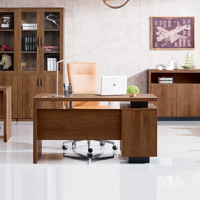 Arcadia 中型高档天然大胆深棕色橡木专业和家庭行政办公桌，配有移动柜、抽屉和电缆管理
