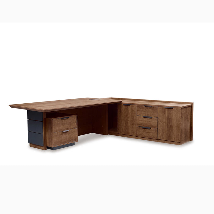 Arcadia Large Upscale Natural Dark Brown Oak Professional and Home L-shaped Executive Office Desk with Cabinets, Drawers, Cable Management, and Return Desk