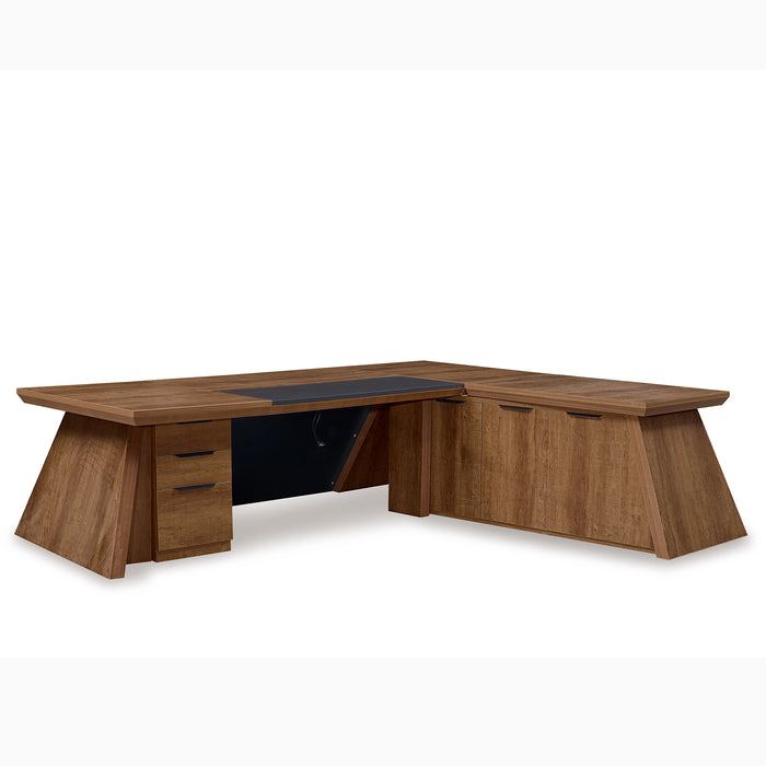 Arcadia 大型高档天然深棕色橡木专业和家庭 L 形行政办公桌，带橱柜、抽屉和回转台