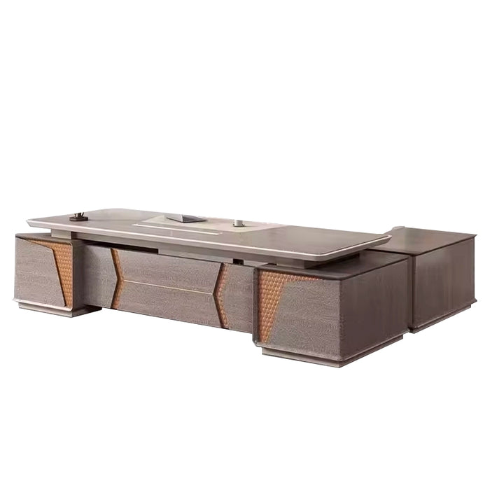 Arcadia 大型高端米色棕褐色橡木行政 L 形家庭办公桌，带抽屉和储物空间、电缆管理、皮革封面和密码锁
