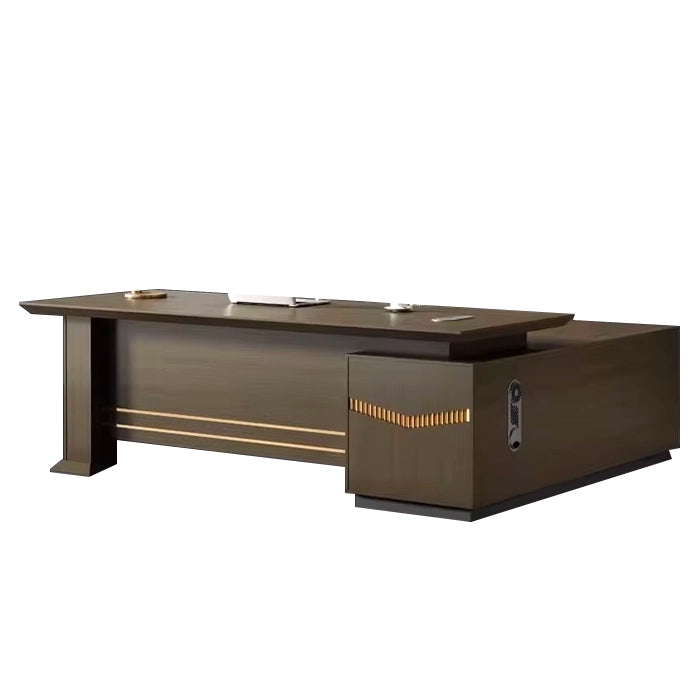 Arcadia Mid-sized High-end Coffee Brown Executive L-shaped Home Office Desk with Drawers and Storage, Cable Management, and Password Lock