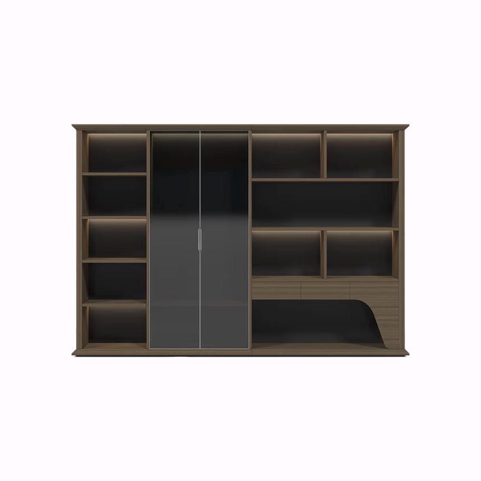 Arcadia High-end Coffee Brown Home Office Residential and Commercial Shelving Wall Unit Library Wall Set | 5 Levels, 15 Shelves, 19 Compartments. 4 Drawers