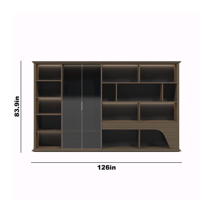 Arcadia High-end Coffee Brown Home Office Residential and Commercial Shelving Wall Unit Library Wall Set | 5 Levels, 15 Shelves, 19 Compartments. 4 Drawers