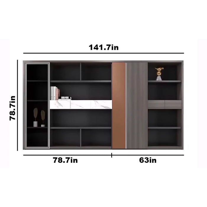 Joseph 142" Gray Library Wall Shelving Unit | AF Forest Blackwood KN-WH-401