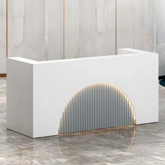 Arcadia Mid-sized Baked Gloss White Enamel Retail and Commercial Reception Desk for Resorts and Hotels, Retail Stores, and Lobbies with Undertone Lighting