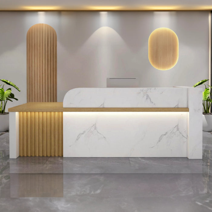 Arcadia Mid-sized Baked Gloss Marble White Enamel Retail and Commercial Reception Desk for Resorts and Hotels, Retail Stores, and Lobbies