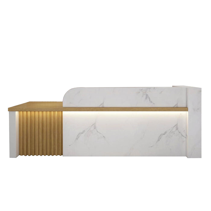 Arcadia Mid-sized Baked Gloss Marble White Enamel Retail and Commercial Reception Desk for Resorts and Hotels, Retail Stores, and Lobbies