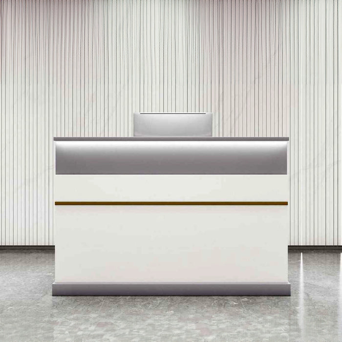 Arcadia Compact Baked Gloss White Enamel Retail and Commercial Reception Desk for Resorts and Hotels, Retail Stores, and Lobbies with Lockable Drawer