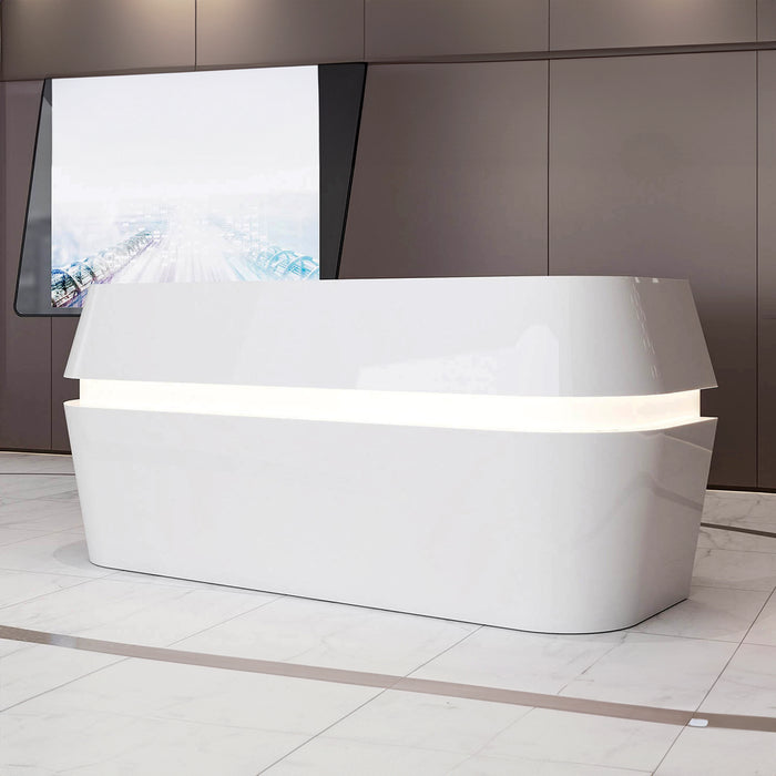 Arcadia Large Curved Baked Gloss White Enamel Retail and Commercial Reception Desk for Resorts and Hotels, Retail Stores, and Lobbies