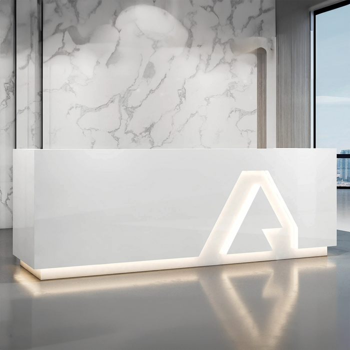 Arcadia Large Baked Gloss White Enamel Retail and Commercial Reception Desk for Resorts and Hotels, Retail Stores, and Lobbies with Trisector Design