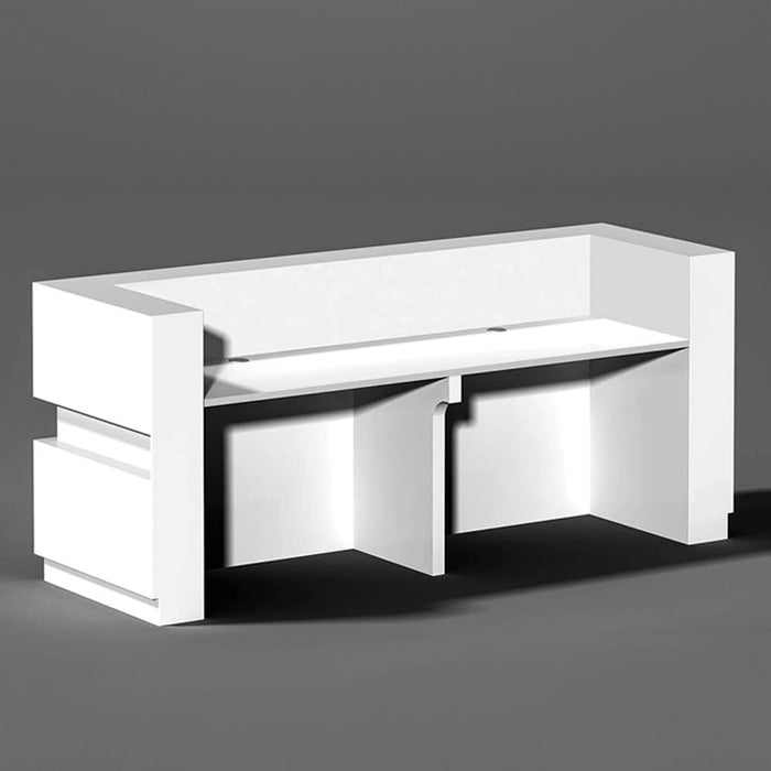 Arcadia Mid-sized Baked Gloss White Enamel Retail and Commercial Reception Desk for Resorts and Hotels, Retail Stores, and Lobbies with Linear and Circular Design