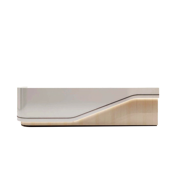 Arcadia Large Baked Gloss White Enamel with Wood Finishing Retail and Commercial Reception Desk for Resorts and Hotels, Retail Stores, and Lobbies