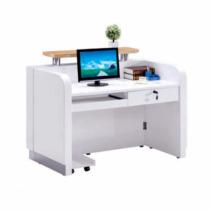 Arcadia Compact Convenient Baked Gloss White Enamel Retail and Commercial Reception Desk for Resorts and Hotels, Retail Stores, and Lobbies