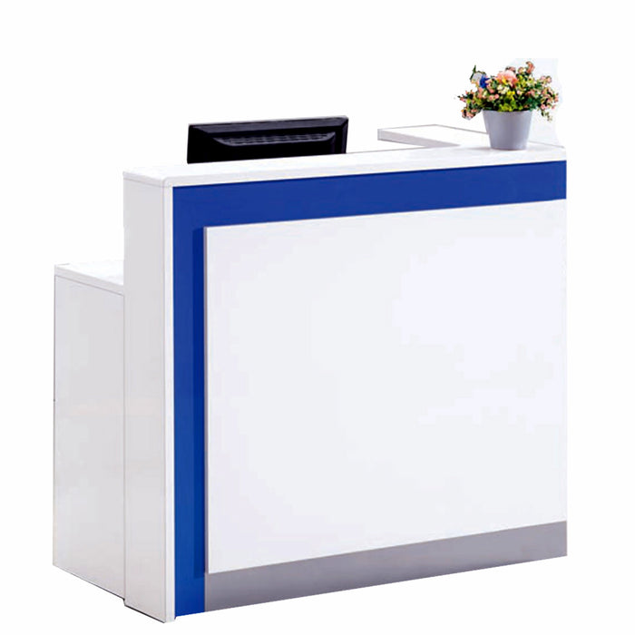 Arcadia Compact Simple Baked Gloss Blue and White Enamel Retail and Commercial Reception Desk for Resorts and Hotels, Retail Stores, and Lobbies