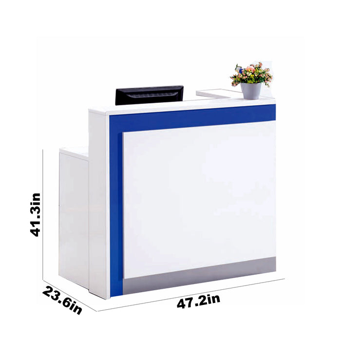 Arcadia Compact Simple Baked Gloss Blue and White Enamel Retail and Commercial Reception Desk for Resorts and Hotels, Retail Stores, and Lobbies