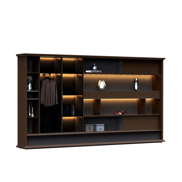Arcadia High-end High quality Golden Brown Office Residential and Commercial Shelving Wall Unit Library Wall Set | 5 Levels, 10 Shelves, 17 Compartments. 4 Drawers