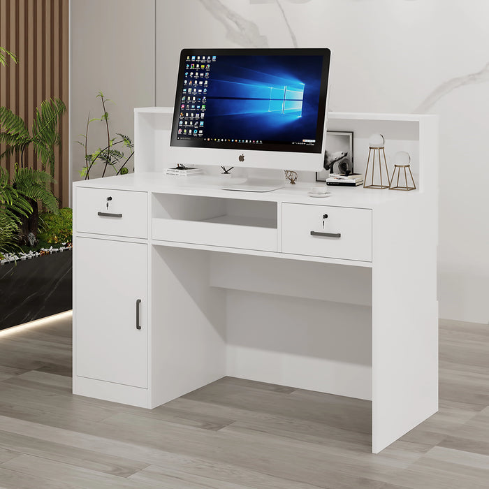 Natalia 47-56" Rectangular Receptionist Desk with Gloss Finishing | AF Example 100" White Rounded Receptionist Desk with Gloss Finishing | AF JY-RT-03