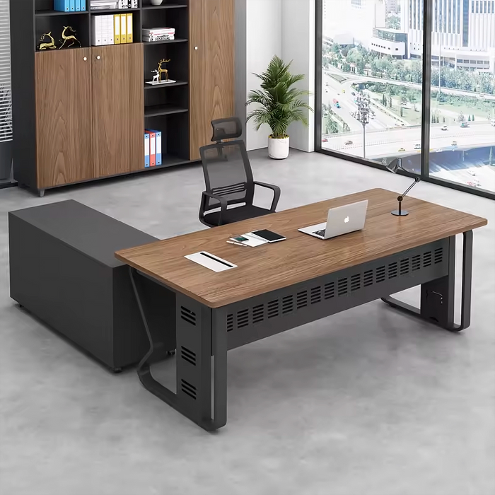 Arcadia Mid-sized High-end Nutmeg Oak Executive L-shaped Home Office Desk with Drawers and Storage, and Cable Management