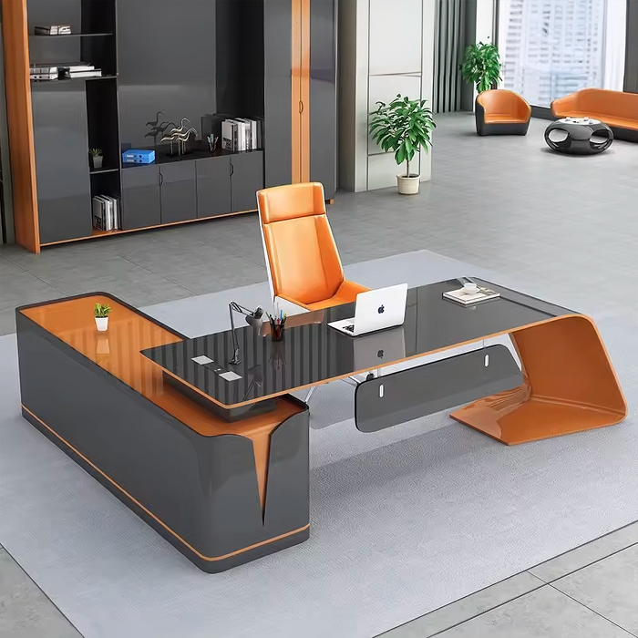 Arcadia Mid-sized High-end Ember Noir Executive L-shaped Home Office Desk with Drawers and Storage, and Cable Management