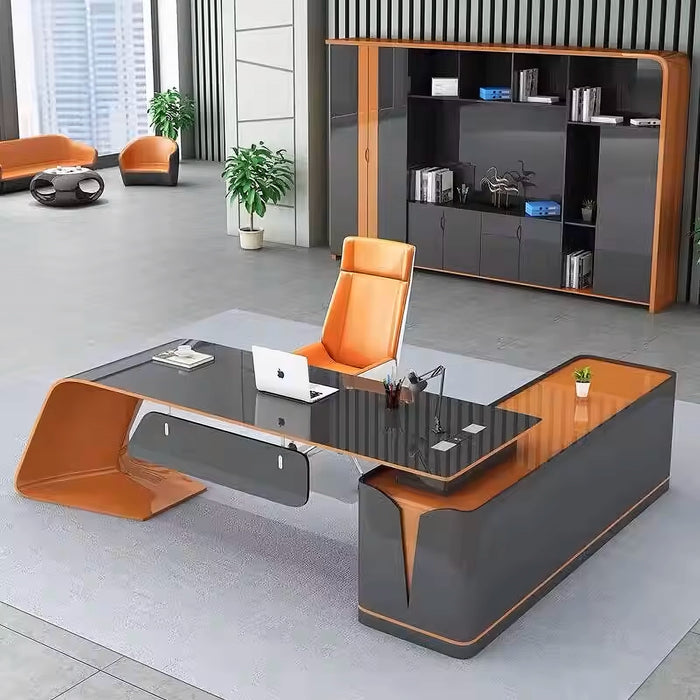 Arcadia Mid-sized High-end Ember Noir Executive L-shaped Home Office Desk with Drawers and Storage, and Cable Management