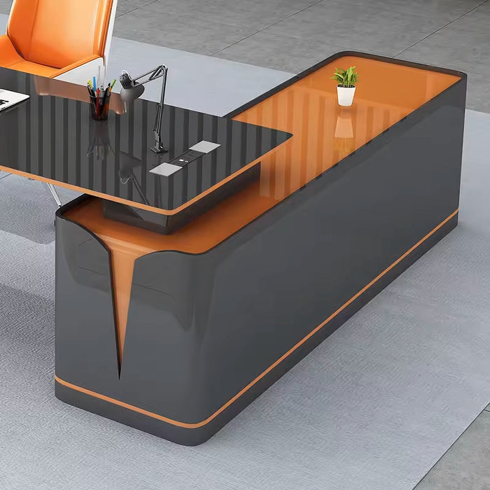 Arcadia Mid-sized High-end Ember Noir Executive L-shaped Home Office Desk with Drawers and Storage, and Cable Management