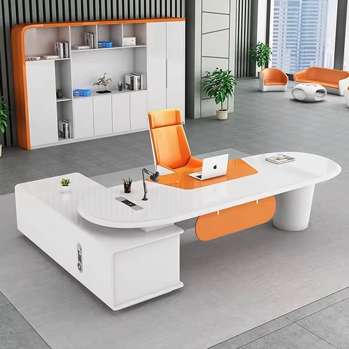 Arcadia Mid-sized High-end White and Citrus Orange Executive L-shaped Home Office Desk with Drawers and Storage, and Cable Management