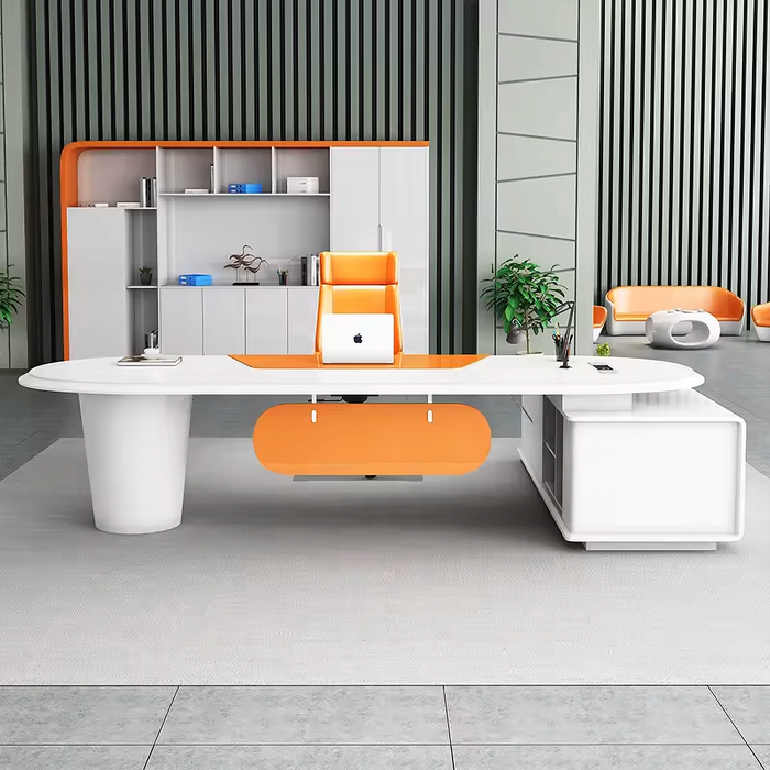 Arcadia Mid-sized High-end White and Citrus Orange Executive L-shaped Home Office Desk with Drawers and Storage, and Cable Management