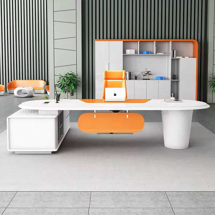 Arcadia Mid-sized High-end White and Citrus Orange Executive L-shaped Home Office Desk with Drawers and Storage, and Cable Management