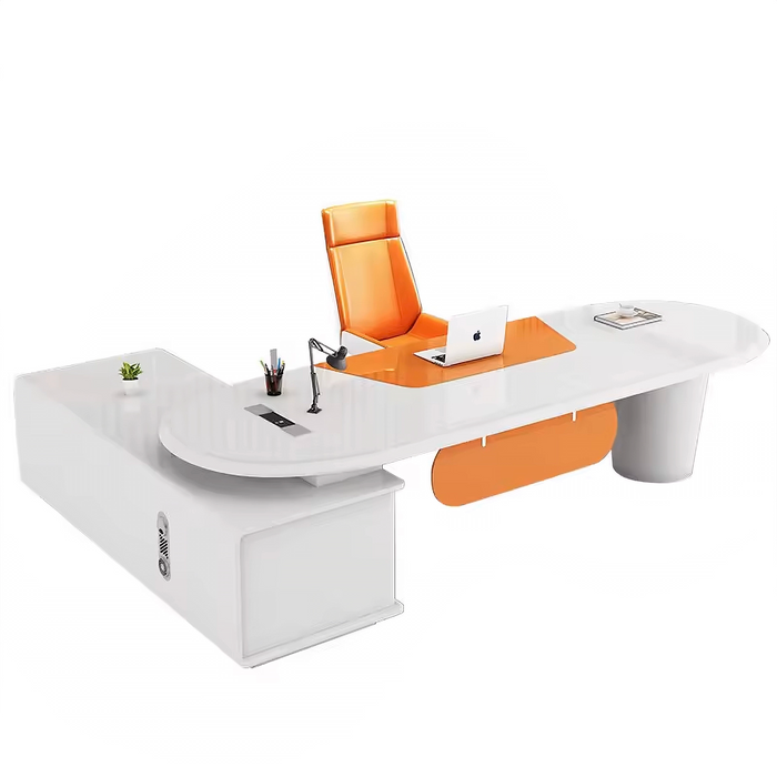 Arcadia Mid-sized High-end White and Citrus Orange Executive L-shaped Home Office Desk with Drawers and Storage, and Cable Management