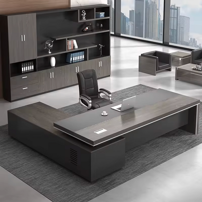 Arcadia Mid-sized High-end Dark Onyx Executive L-shaped Home Office Desk with Drawers and Storage, and Cable Management