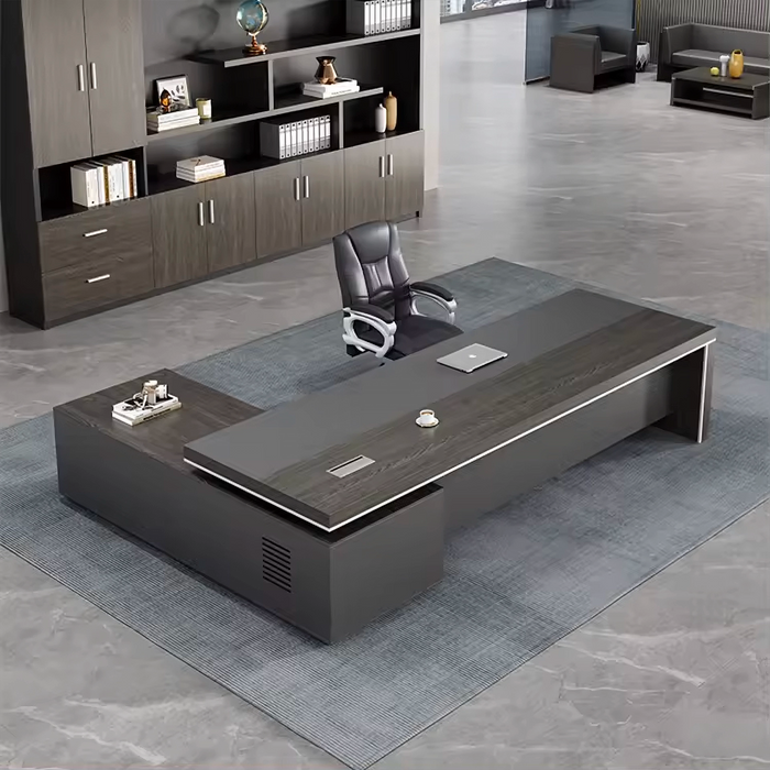 Arcadia Mid-sized High-end Dark Onyx Executive L-shaped Home Office Desk with Drawers and Storage, and Cable Management