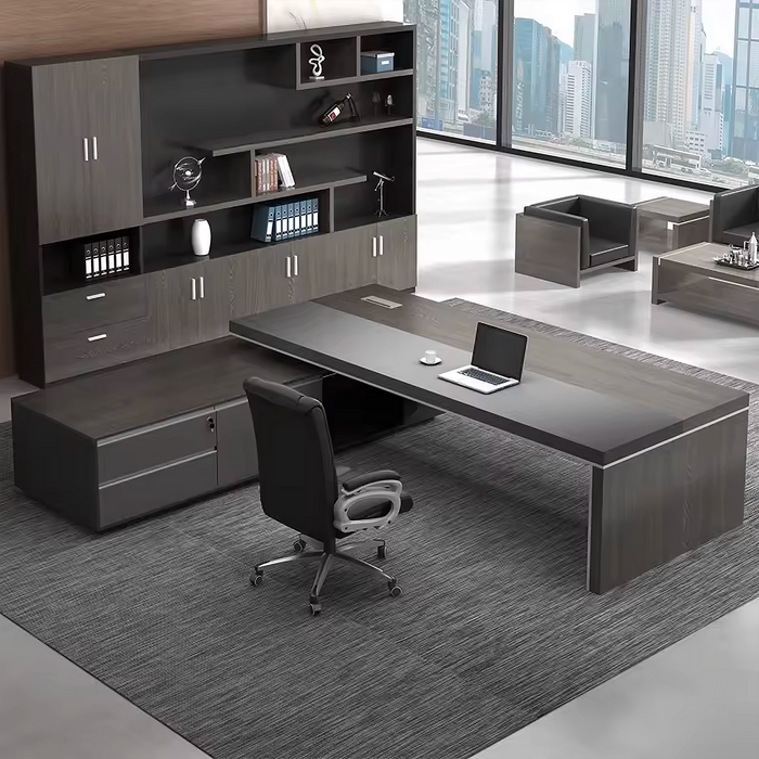 Arcadia Mid-sized High-end Dark Onyx Executive L-shaped Home Office Desk with Drawers and Storage, and Cable Management