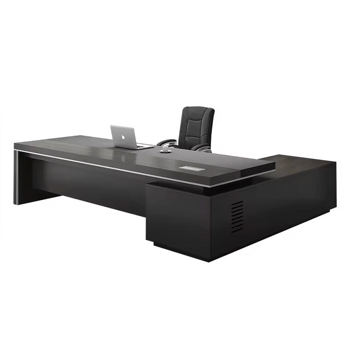 Arcadia Mid-sized High-end Dark Onyx Executive L-shaped Home Office Desk with Drawers and Storage, and Cable Management