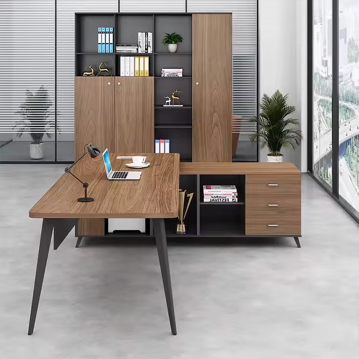 Arcadia Mid-sized High-end Noir Golden Oak Executive L-shaped Home Office Desk with Drawers and Storage, and Cable Management