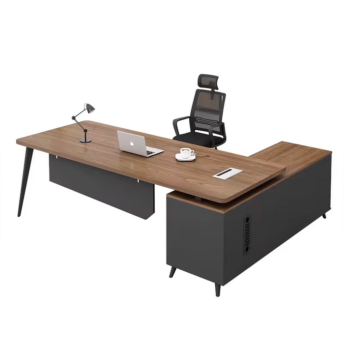 Arcadia Mid-sized High-end Noir Golden Oak Executive L-shaped Home Office Desk with Drawers and Storage, and Cable Management