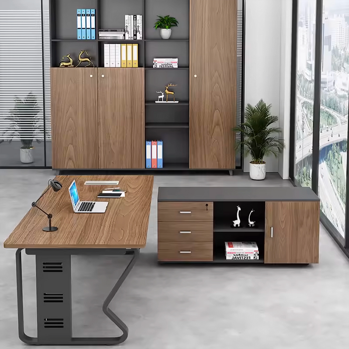 Arcadia Mid-sized High-end Nutmeg Oak Executive L-shaped Home Office Desk with Drawers and Storage, and Cable Management