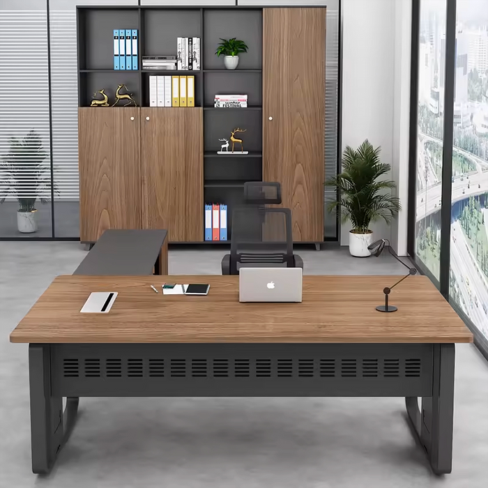 Arcadia Mid-sized High-end Nutmeg Oak Executive L-shaped Home Office Desk with Drawers and Storage, and Cable Management