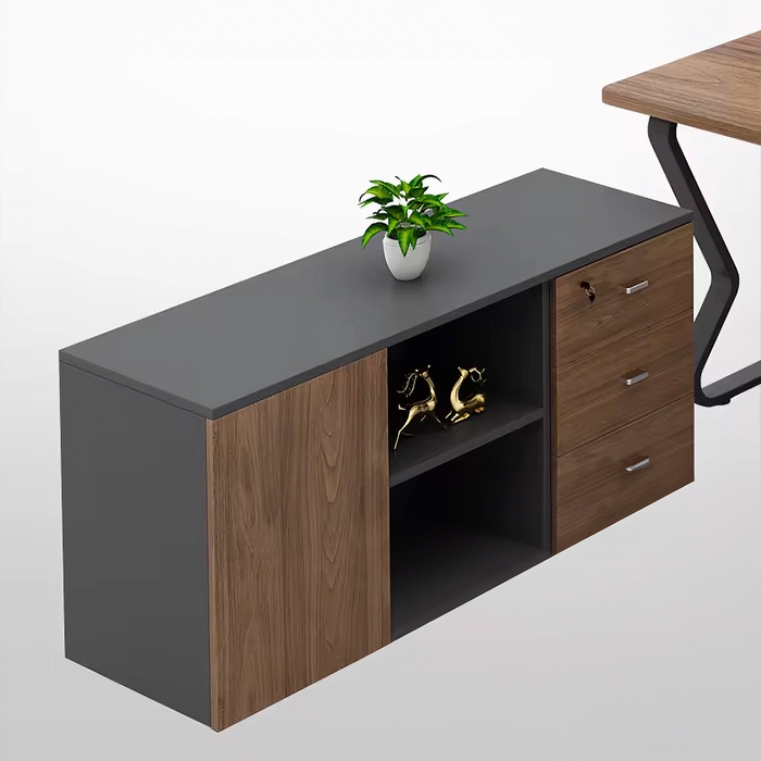 Arcadia Mid-sized High-end Nutmeg Oak Executive L-shaped Home Office Desk with Drawers and Storage, and Cable Management