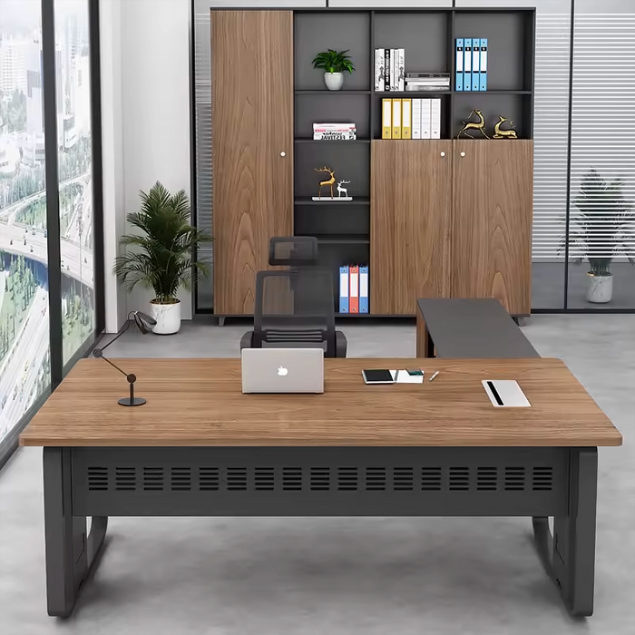 Arcadia Mid-sized High-end Nutmeg Oak Executive L-shaped Home Office Desk with Drawers and Storage, and Cable Management