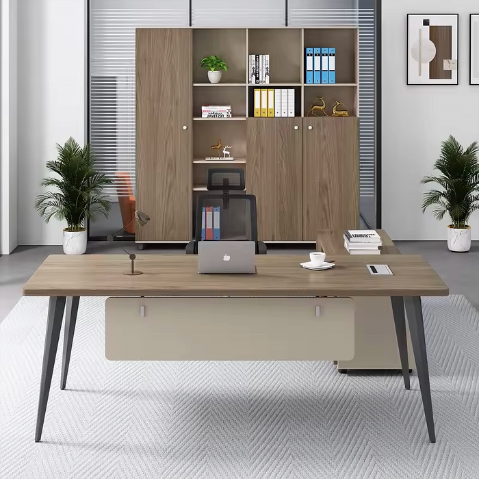 Arcadia Mid-sized High-end Antique Beige Wood Executive L-shaped Home Office Desk with Drawers and Storage, and Cable Management