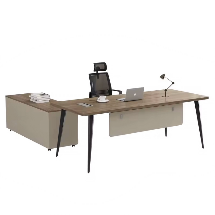 Arcadia Mid-sized High-end Antique Beige Wood Executive L-shaped Home Office Desk with Drawers and Storage, and Cable Management