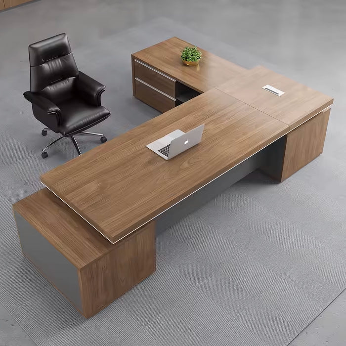 Arcadia Mid-sized Modern Canyon Brown Executive L-shaped Home Office Desk with Drawers and Storage, and Cable Management