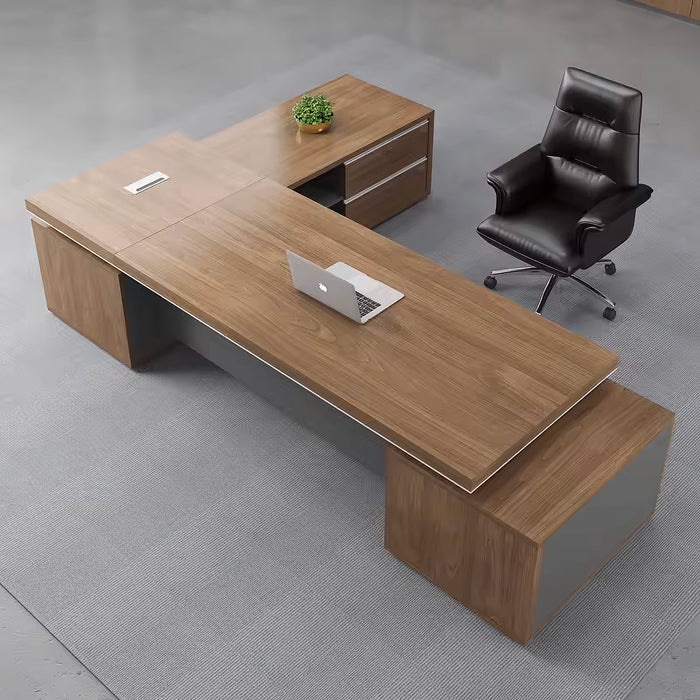 Arcadia Mid-sized Modern Canyon Brown Executive L-shaped Home Office Desk with Drawers and Storage, and Cable Management