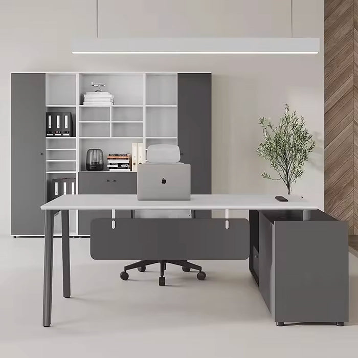 Arcadia Mid-sized Modern Jasmine White and Slate Executive L-shaped Home Office Desk with Drawers and Storage, and Cable Management