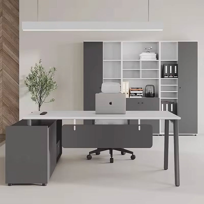 Arcadia Mid-sized Modern Jasmine White and Slate Executive L-shaped Home Office Desk with Drawers and Storage, and Cable Management