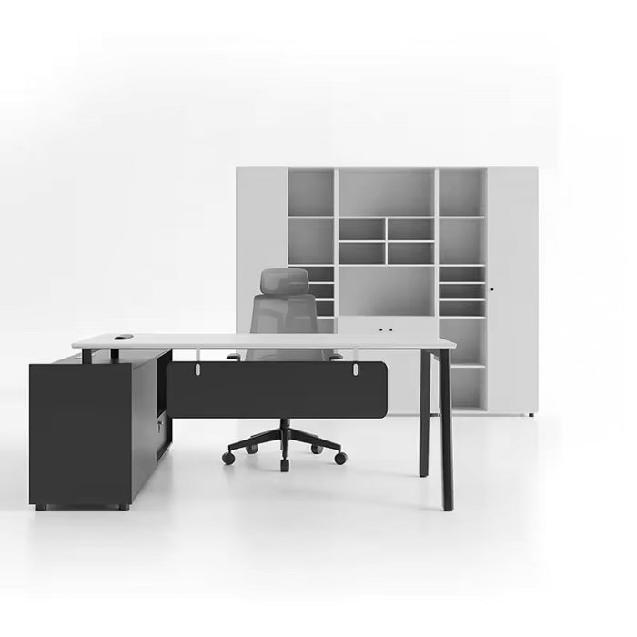 Arcadia Mid-sized Modern Jasmine White and Slate Executive L-shaped Home Office Desk with Drawers and Storage, and Cable Management